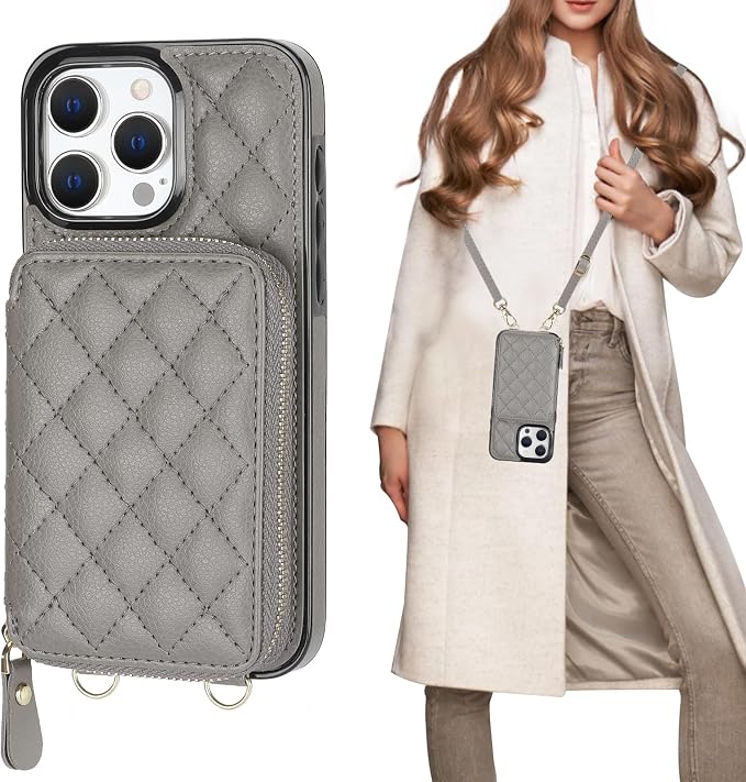 Bocasal Crossbody Wallet Case for iPhone 15 Pro Max, RFID Blocking PU Leather Zipper Handbag Purse Flip Cover, Kickstand Folio Case with Card Slots Holder Wrist Strap Lanyard 5G 6.7 Inch (Grey)