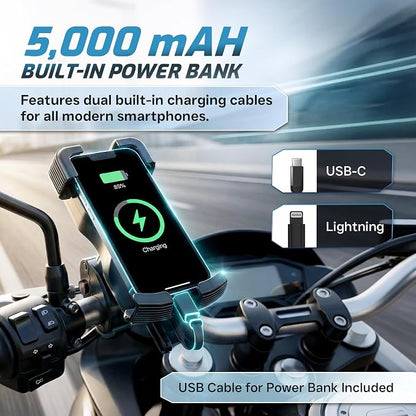 Bike Phone Holder with Built in 5000 mAh Rechargable Battery - Motorcycle Mount, Handlebar Cell Phone Clamp, Scooter Clip for all 4.7 to 6.8" Phone types - iPhone 17, 16, 15 Plus, S20, Smartphones