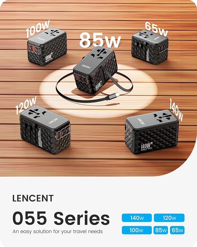 LENCENT 85W Universal Travel Power Adapter with Retractable USB C Cable | GaN International Travel Adapter with 1 USB-A & 3 Type C Fast Charging, Worldwide Plug Adaptor for US to EU UK Type C/G/A/I