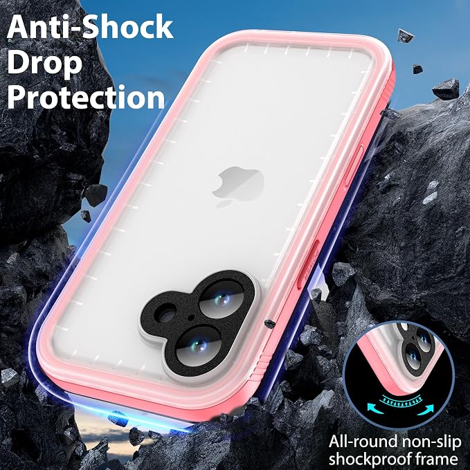 SPORTLINK for Waterproof iPhone 17 Case - Built in Screen Protector/Dustproof/Shockproof/6.6FT Military Dropproof/Ful Body Protector/IP68 Underwater for iPhone 17 Case 6.3 inch Pink/Frosted Clear
