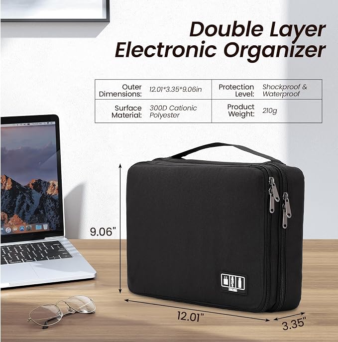 Large Electronic Organizer Travel Case, Double Layer Tech Pouch with Adjustable Dividers, Cable Organizer Bag for Charger, Power Bank, Hard Drive, Camera Gear and Travel Accessories