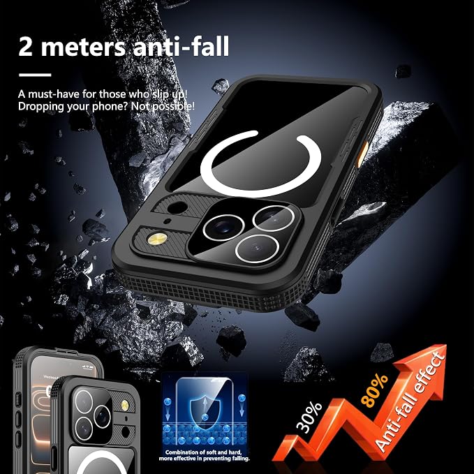 GOLDJU 2025 New Magnetic for iPhone 17 Pro Case-Waterproof, Built-in Screen & Camera Protector-IP68 Underwater Full Body 16FT Military Dropproof Shockproof Case for 17 Pro 6.3''- Black