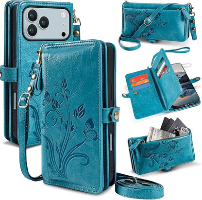 Lacass for iPhone 17 Pro Max Case Wallet,[Cards Theft Scan Protection] Card Holder Zipper Leather Flip Cover Crossbody Wrist Strap with Stand (Floral Blue Green)