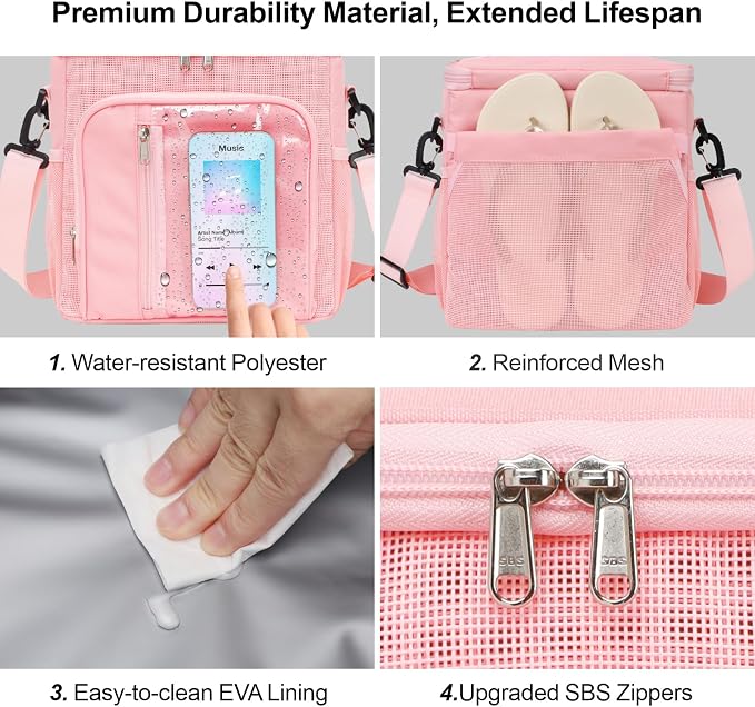 F-color Crossbody Shower Caddy with Phone Holder - Hands-Free Portable Toiletry Bag Fits Full-Size Bottles, Quick Dry Mesh Hanging Tote for College Dorm Essentials, Camping, Gym, Travel, Large, Pink