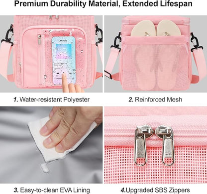 F-color Crossbody Shower Caddy with Phone Holder - Hands-Free Portable Toiletry Bag Fits Full-Size Bottles, Quick Dry Mesh Hanging Tote for College Dorm Essentials, Camping, Gym, Travel, Large, Pink