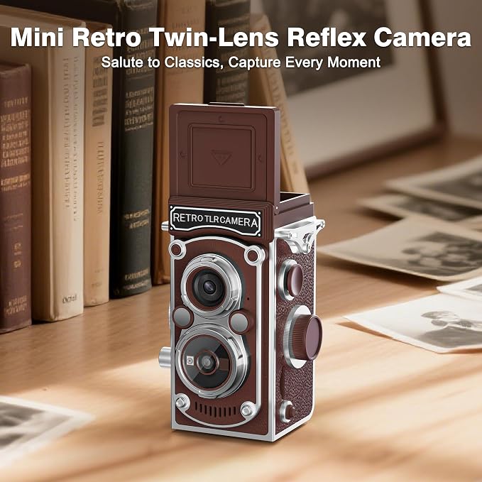 Mini Retro TLR Digital Camera, Portable 24MP 1080P FHD Vintage Point and Shoot Pocket Travel Camera with Twin Lens, Autofocus, 16X Digital Zoom, 16GB Card, for Beginners, Teens & Adults - Brown