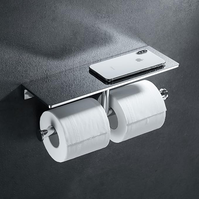 Heavy-Duty Double Toilet Paper Holder, Polished Chrome Dual Roll Toilet Tissue Holder with Phone Shelf | Solid Brass, Wall-Mount | Home & Commercial Bathroom