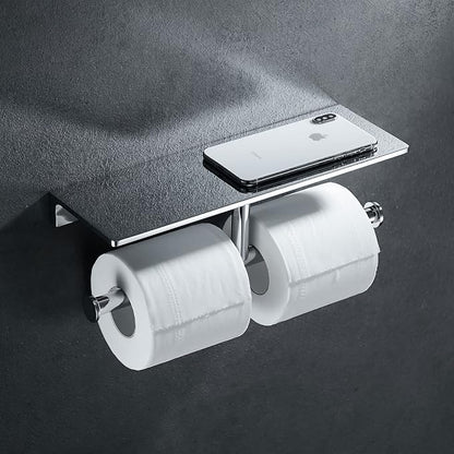 Heavy-Duty Double Toilet Paper Holder, Polished Chrome Dual Roll Toilet Tissue Holder with Phone Shelf | Solid Brass, Wall-Mount | Home & Commercial Bathroom