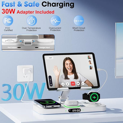 6 in 1 Wireless Charger for Apple Multiple Devices, Charging Station with Clock &7 Color Ambient Light, Foldable Rotate Stand for iPad, for iPhone17/16/15, Support for Apple Watch11/10 For AirPods4