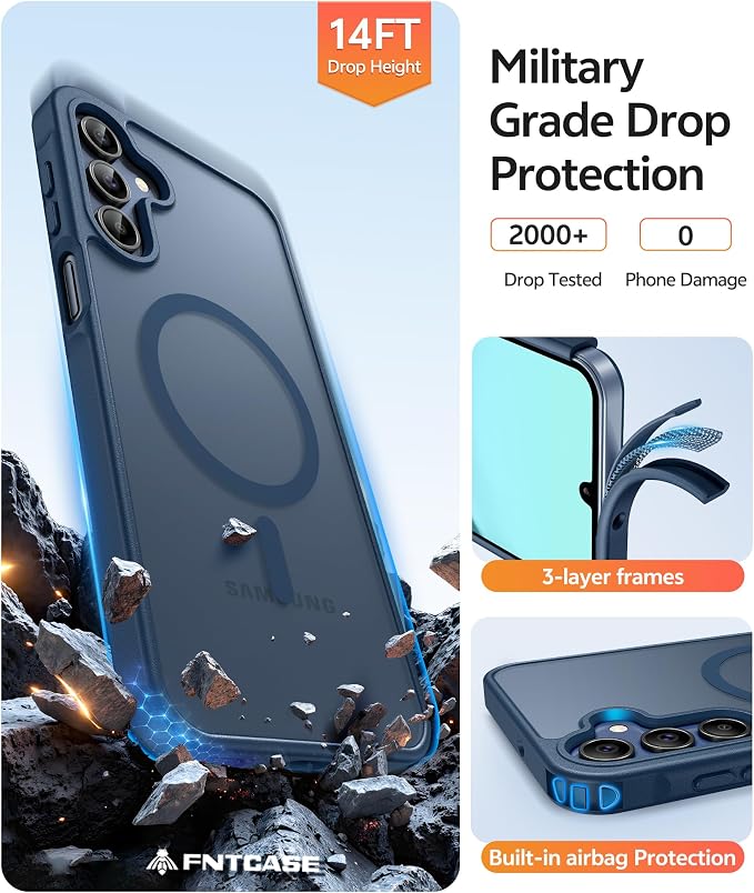FNTCASE for Galaxy A15 5G Phone Case, Screen Protector, Blue | Translucent Matte Magnetic Back, 14FT Military Grade Drop Protection, Shockproof Protective, for Samsung A 15 Cover