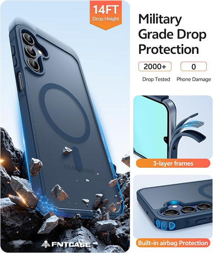 FNTCASE for Galaxy A15 5G Phone Case, Screen Protector, Blue | Translucent Matte Magnetic Back, 14FT Military Grade Drop Protection, Shockproof Protective, for Samsung A 15 Cover