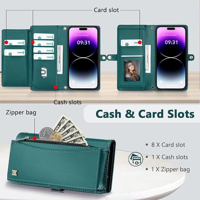 Wallet Case for iPhone 14 Pro Max with Card Holder/Crossbody Wallet/Strap| RFID Blocking | Magnetic | Kickstand | Detachable | PU Leather Phone Case for iPhone 14 Pro Max,6.7 in,Green