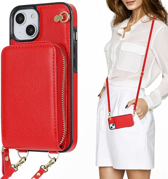 KIHUWEY Crossbody Wallet Case for iPhone 13 iPhone 14, Zipper Pocket Case with Card Holder, PU Leather RFID Blocking Protective Cover Case with Kickstand Detachable Wrist Strap Lanyard 6.1" (Red)