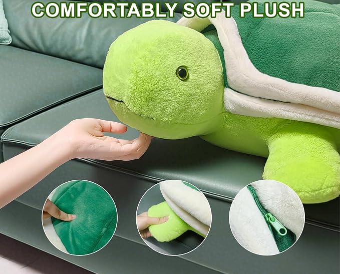Couch Cup Holder Pillow Tray & Caddy,Headrest and Giant Turtle Stuffed Animal-For Sofa, Bed, Car，Camping, Double Smooth zippers for the shell, soft plush.Spill-Proof Machine Washable tray (23inches）