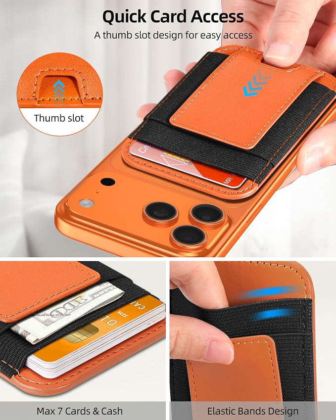 ExtreLife Upgraded for Magsafe Wallet, Stronger Magnetic Wallet for iPhone 17/16/15/14/13/12 Series, for iPhone Magsafe Wallets, RFID Blocking, Vegan Leather, Fit 7 Cards, Orange+Black