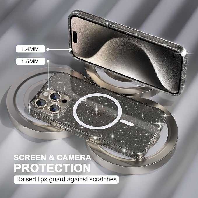 Choiche for iPhone 15 Pro Case Magnetic, Women Clear Glitter Bling Sparkly Case, [3xDiamond Camera Lens Protectors] [2xTempered Glass Screen Protectors] [Compatible MagSafe] (Glitter Gray)