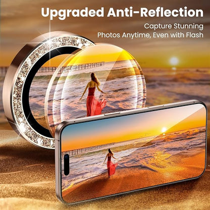 Uyiton for Bling iPhone 16 Pro Max / 16 Pro / 14 Pro Max / 14 Pro Camera Lens Protector - Not Easy to Break Strong Adsorption Individual Metal Tempered Glass Rear Camera Screen Cover - Glitter Titanium Desert