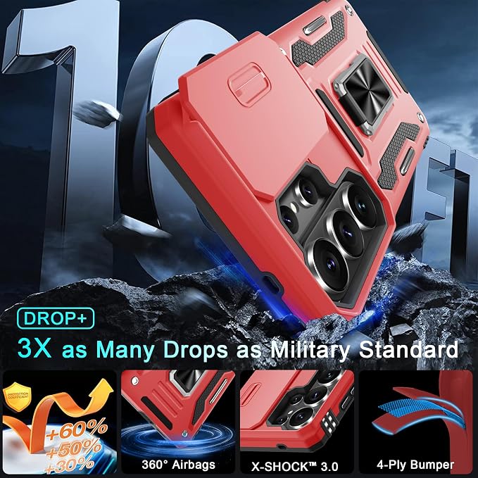 DEERLAMN Case for Samsung Galaxy S26 Ultra 6.9-Inch with Slide Camera Cover+Screen Protector(1 Pack), Rotated Ring Kickstand Military Grade Shockproof Protective Cover-Red