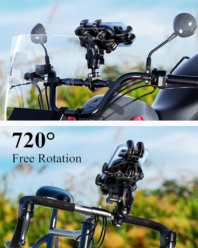 BRCOVAN Motorcycle Phone Mount Holder with Vibration Dampener, Anti-Shake Handlebar Cellphone Cradle for Bike Bicycle Scooter ATV, Adjustable Fit 5.4-6.9'' Smartphone