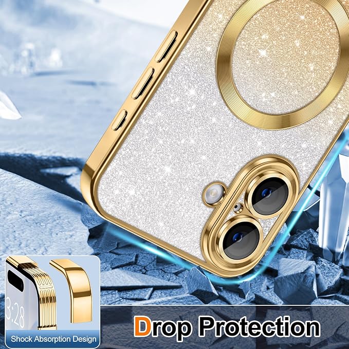 Hython for iPhone 17 Case Glitter Clear Magnetic Phone Cases [Compatible with MagSafe] Full Camera Lens Protector Sparkle Luxury Plating Slim Shockproof Protective Cover Women, Gradient Gold