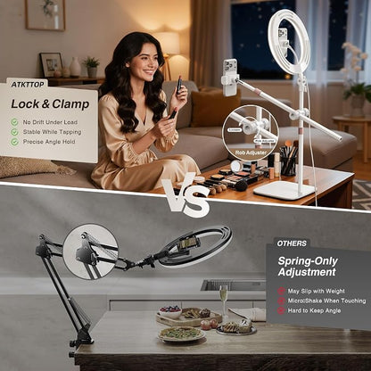 Overhead-Phone-Mount,Stable Overhead-Camera-Mount-Stand [Anti-Shaking] with 10.5" Ring Light, Flexible Desk-Stand for iPhone with Ring-Light for Video-Recording,Zoom Meeting,YouTube,TikTok, White