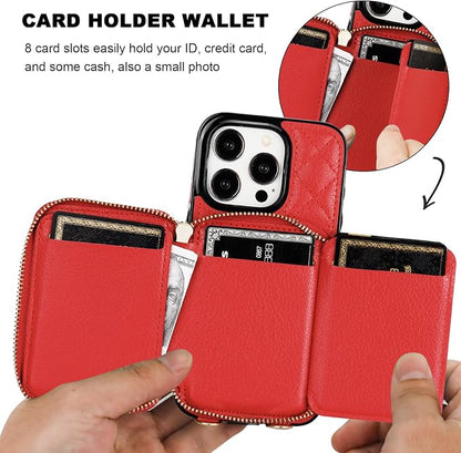 Bocasal Crossbody Wallet Case for iPhone 15 Pro, RFID Blocking PU Leather Zipper Handbag Purse Flip Cover, Kickstand Folio Case with Card Slots Holder Wrist Strap Lanyard 5G 6.1 Inch (Red)