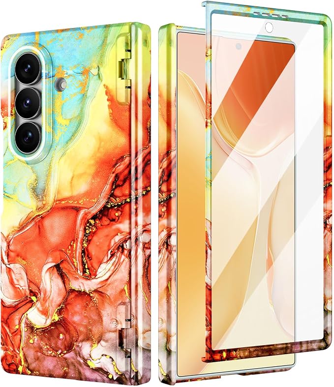 Btscase for Samsung Galaxy Z Fold 7 Case,Built in Front Screen Protector,Gold Glitter Marble Pattern Hard PC Slim Shockproof Full Body Drop Protective Case for Galaxy Z Fold 7 5G, Bright Orange