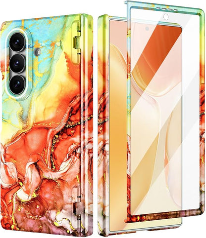 Btscase for Samsung Galaxy Z Fold 7 Case,Built in Front Screen Protector,Gold Glitter Marble Pattern Hard PC Slim Shockproof Full Body Drop Protective Case for Galaxy Z Fold 7 5G, Bright Orange