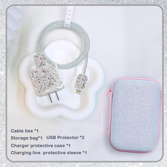 Glitter Phone Case Set, Bling Organizer with Cable Protector for iPhone, Soft Cable Organizer, Charger Case (Silver)
