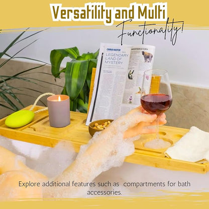 Premium Bathtub Tray with Accessories - Expandable Wooden Bath Tray, Hair Cap, Bath Sponge, Face Mask Brush