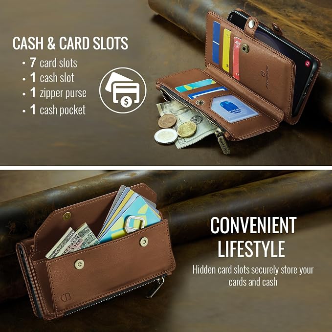 Strapurs Crossbody Wallet Case Compatible with Samsung Galaxy S22 5G RFID Blocking Card Holder Soft PU Leather Magnetic Snap Shoulder Strap Zipper Pocket Phone Case Fit for Galaxy S22 6.1" - Brown