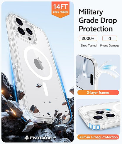 FNTCASE for iPhone 16 Pro Case, Fit for Magsafe, Screen Protector Clear | Anti Yellowing Magnetic Back, 14FT Military Grade Drop Protection, Shockproof Protective Phone Cover, Transparent