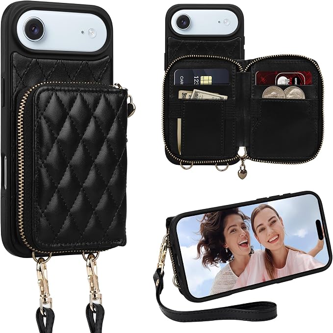 Keallce Case for iPhone Air 6.5'' Wallet Case, Crossbody Zipper Purse with Wrist Strap Lanyard Handbag, RFID Blocking Card Holders, Kickstand Flip Leather Cover for iPhone 17 Air, Black