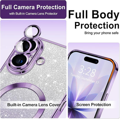 Hython for iPhone 17 Case Glitter Clear Magnetic Phone Cases [Compatible with MagSafe] Full Camera Lens Protector Sparkle Luxury Plating Slim Shockproof Protective Cover Women, Gradient Purple