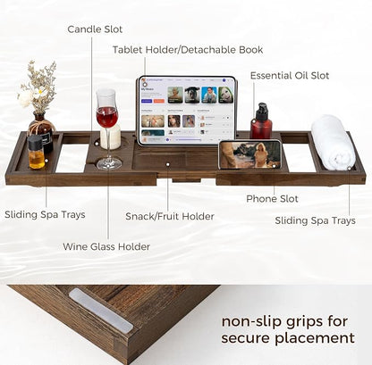 Fun Memories Teak Bathtub Tray for Tub – Adjustable Bath Caddy with Wine Glass Holder, Phone Dock & Book Stand – Solid Bath Tub Tray Wood – Dark Walnut Finish