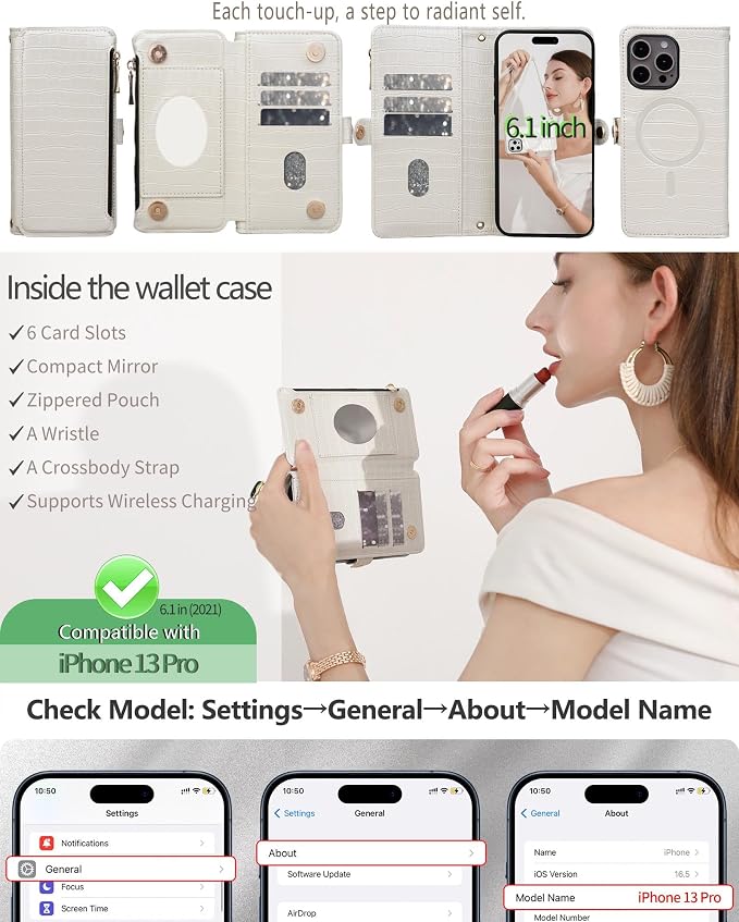 Crossbody Wallet Case for iPhone 13 Pro with Mirror, Wrist Strap, Zipper Purse Magnetic Flip RFID Blocking Card Holder, Wireless Charging, PU Leather Shockproof 6.1" Women (White)