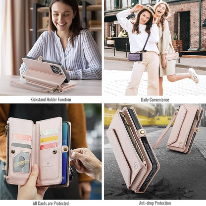 Strapurs Wallet Case Compatible with iPhone 16 Pro 6.3" RFID Blocking 10-Card Holder Soft PU Leather Magnetic Snap Shoulder Strap Zipper Pocket Phone Case Fit for iPhone 16 Pro for Women - Rose Gold