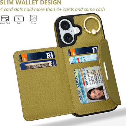 Keallce Wallet Case for iPhone 16 Plus 6.7'', Flip Case with Card Slots, Ring Holder Kickstand, PU Leather Protective Folio Cover for Women, Green