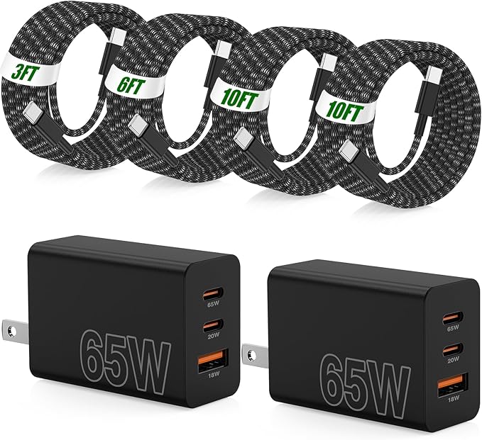 65W Super Fast Charger Type C for Samsung,3 Port 100W PD Quick Charging 3.0 USB C Charger Block & 3/6/10/10FT Braided Type C Cord for Samsung Galaxy S26 Ultra/S26/S25 Ultra/S24/Android/iPhone 17