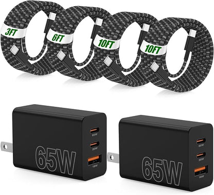 65W Super Fast Charger Type C for Samsung,3 Port 100W PD Quick Charging 3.0 USB C Charger Block & 3/6/10/10FT Braided Type C Cord for Samsung Galaxy S26 Ultra/S26/S25 Ultra/S24/Android/iPhone 17