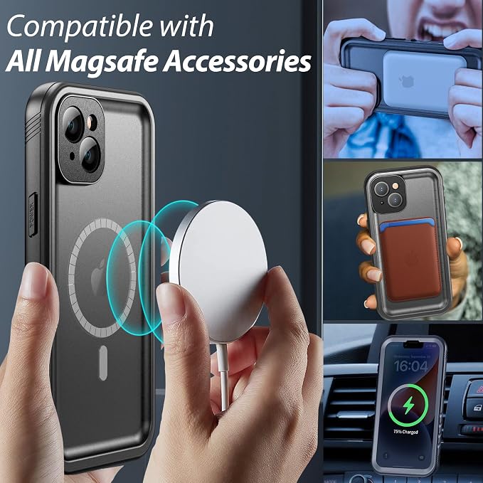 SPORTLINK for iPhone 14 Plus Case Waterproof - Buit in Screen Protector [Compatible with MagSafe][IP68 Underwater][6.6FT Military Dropproof][Dustproof] Full Body Shockproof Phone Case 6.7" Black
