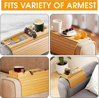 Bamboo Couch Cup Holder Tray with 2 Cork Coasters, Couch Arm Tray, 2 in 1 Anti-Slip Foldable Sofa Arm Tray, Couch Armrest Table, Anti-Spill Couch Arm Table for Drinks TV Remote Cellphone Snacks