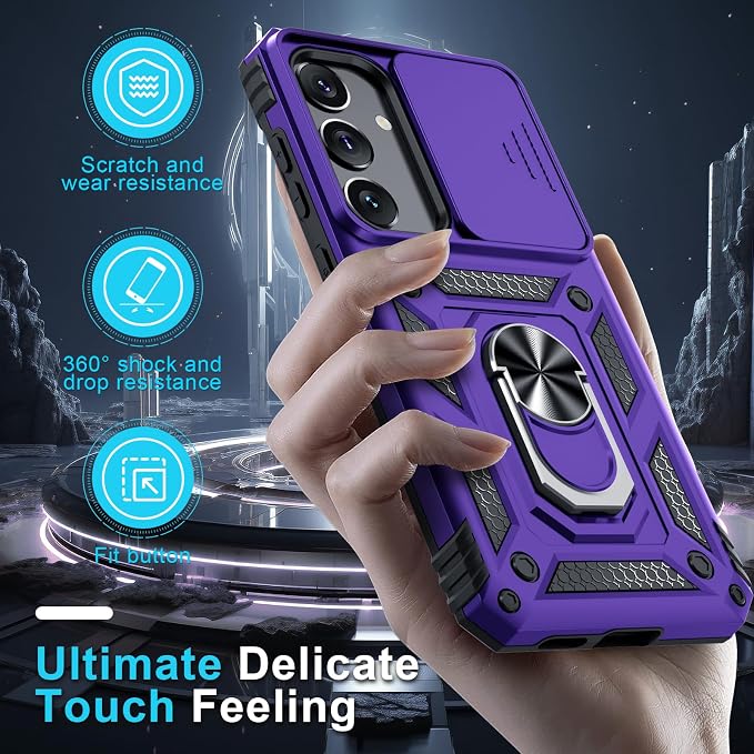 Janmitta Compatible with Samsung Galaxy S25 Plus/S24 Plus Case Built in Slide Camera Lens Cover+Screen Protector+Finger Ring Holder Kickstand,Heavy Duty Shockproof Full Body Phone Cover,Purple