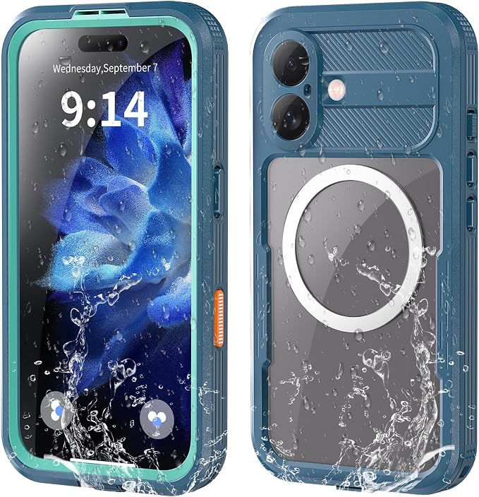 Omio Designed for iPhone 16 Waterproof Case Compatible with MagSafe, Magnetic Waterproof Full Body IP68 Underwater Case Built-in Screen Protector Military Grade Shockproof Case for Men Women Teal