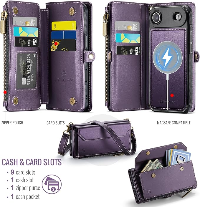 Strapurs for iPhone Air Detachable Wallet Case Compatible with Magsafe for Women, RFID Blocking 9-Card Holder Zipper Strap Lanyard PU Leather Magnetic Phone Case for iPhone 17 Air 6.5", Purple