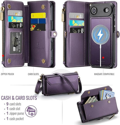 Strapurs for iPhone Air Detachable Wallet Case Compatible with Magsafe for Women, RFID Blocking 9-Card Holder Zipper Strap Lanyard PU Leather Magnetic Phone Case for iPhone 17 Air 6.5", Purple