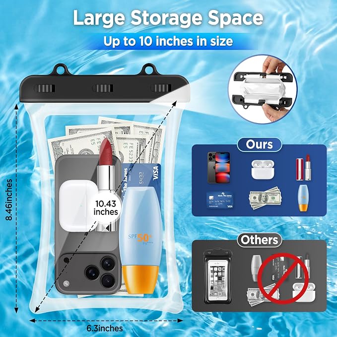 CACOE [Floatable Floating Universal IPX8 Waterproof Phone case 2 Pack-Up to 10.0",Adjustable Lanyard Phone Pouch,Dry Bags for Vacation Beach Pool Kayak Cruise Travel Essentials（Black+Black-#2）