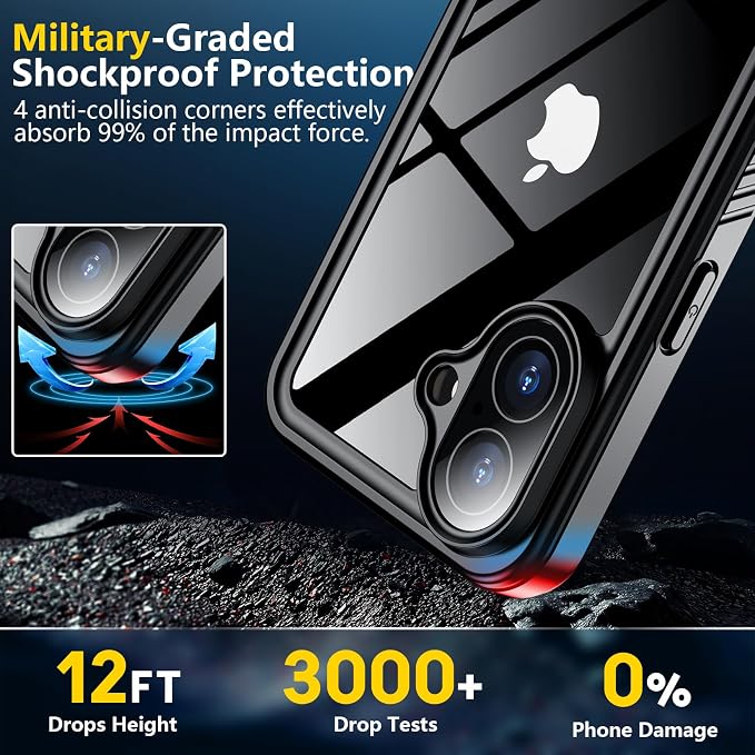 SPIDERCASE for iPhone 16 Case Waterproof, Built-in Lens & Screen Protector, Full Heavy Duty Protection, 12FT Military Shockproof, Dustproof, Anti-Scratched Phone Case,Black