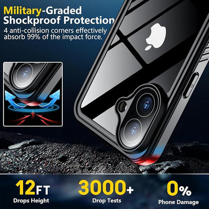 SPIDERCASE for iPhone 16 Case Waterproof, Built-in Lens & Screen Protector, Full Heavy Duty Protection, 12FT Military Shockproof, Dustproof, Anti-Scratched Phone Case,Black