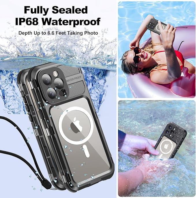 WIFORT for iPhone 15 Pro Max Waterproof Case - Metal Shockproof Phone Case Built-in Screen Protector [IP68 Water Proof][14FT Military Grade ], Heavy Duty Full Body Drop Protection Cover, 6.7" Black